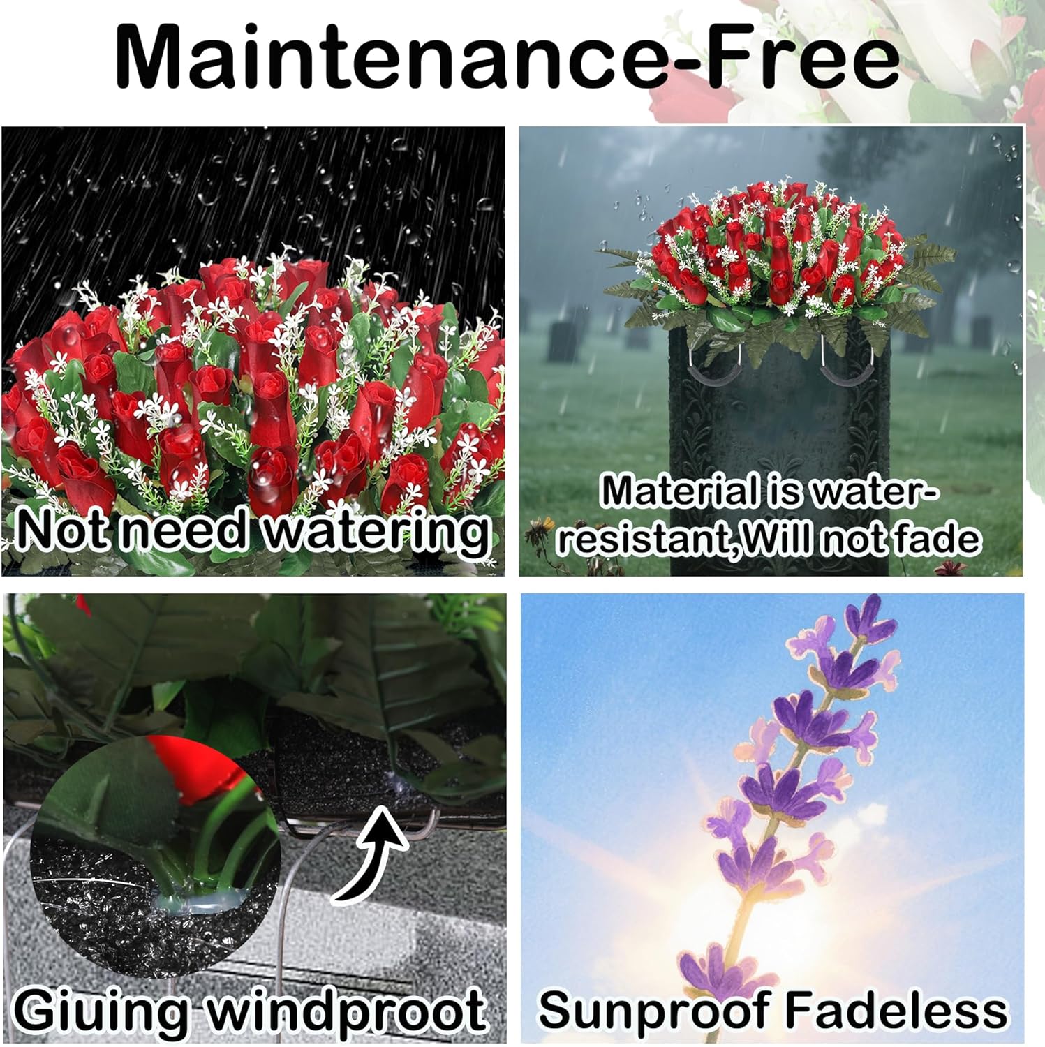 Wocst Artificial Cemetery Flowers for Grave Headstone Flower Saddle Realistic Grave Rose Flowers Memorial Flowers for Cemetery (Red)