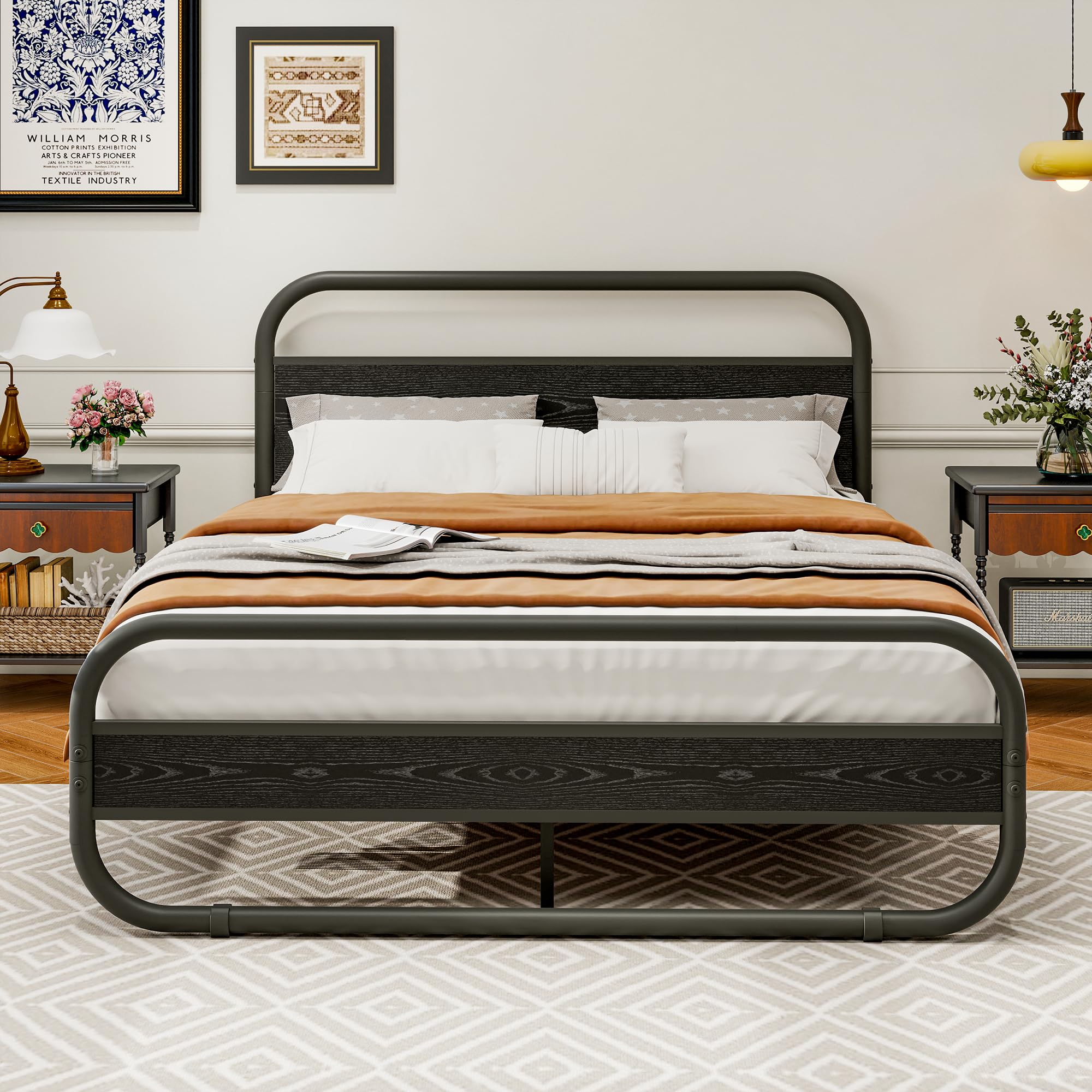 Diahomy King Size Bed Frame Metal Platform Bed Frame with Wood Headboard/Mattress Base/Metal Slat Support/Underbed storage/Black Bed Frame King Size