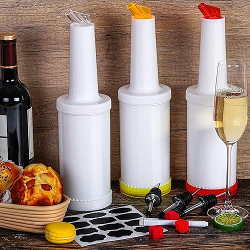 Miniatura 5 de Ruisita Paquete de 6 botellas de jugo de fruta y licor, recipientes de plástico con vertedor de botellas de acero inoxidable, boquilla cónica para