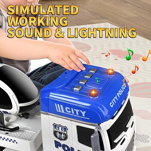 Miniatura 5 de Dwi Dowellin Juguetes para niños pequeños de 3, 4, 5, 6 años, semirremolque de 25 pulgadas con coche de carreras y helicóptero, juguetes de policía,