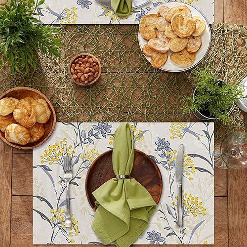 Miniatura 3 de Juego de 4 manteles individuales de lino de algodón de lino lavable de temporada con diseño de pájaro azul para fiesta, cocina, comedor, decoración