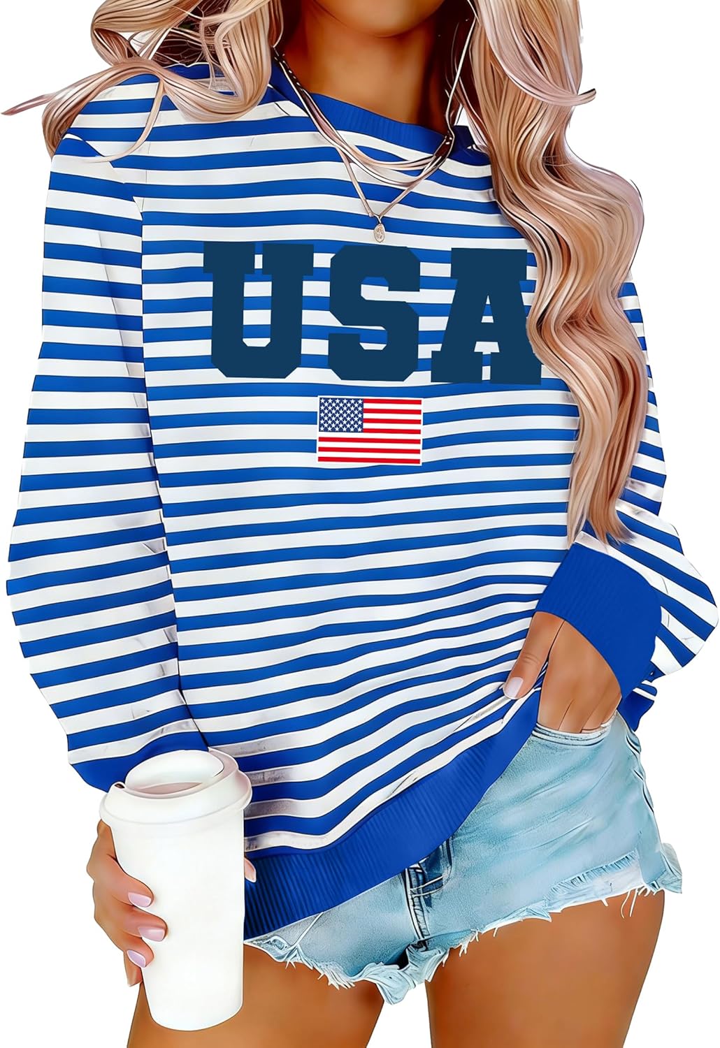 NEWWEN USA Shirt Women 4th of July Shirts American Flag Long Sleeve Shirt Patriotic Sweatshirt Stripes Graphic Pullover Tops