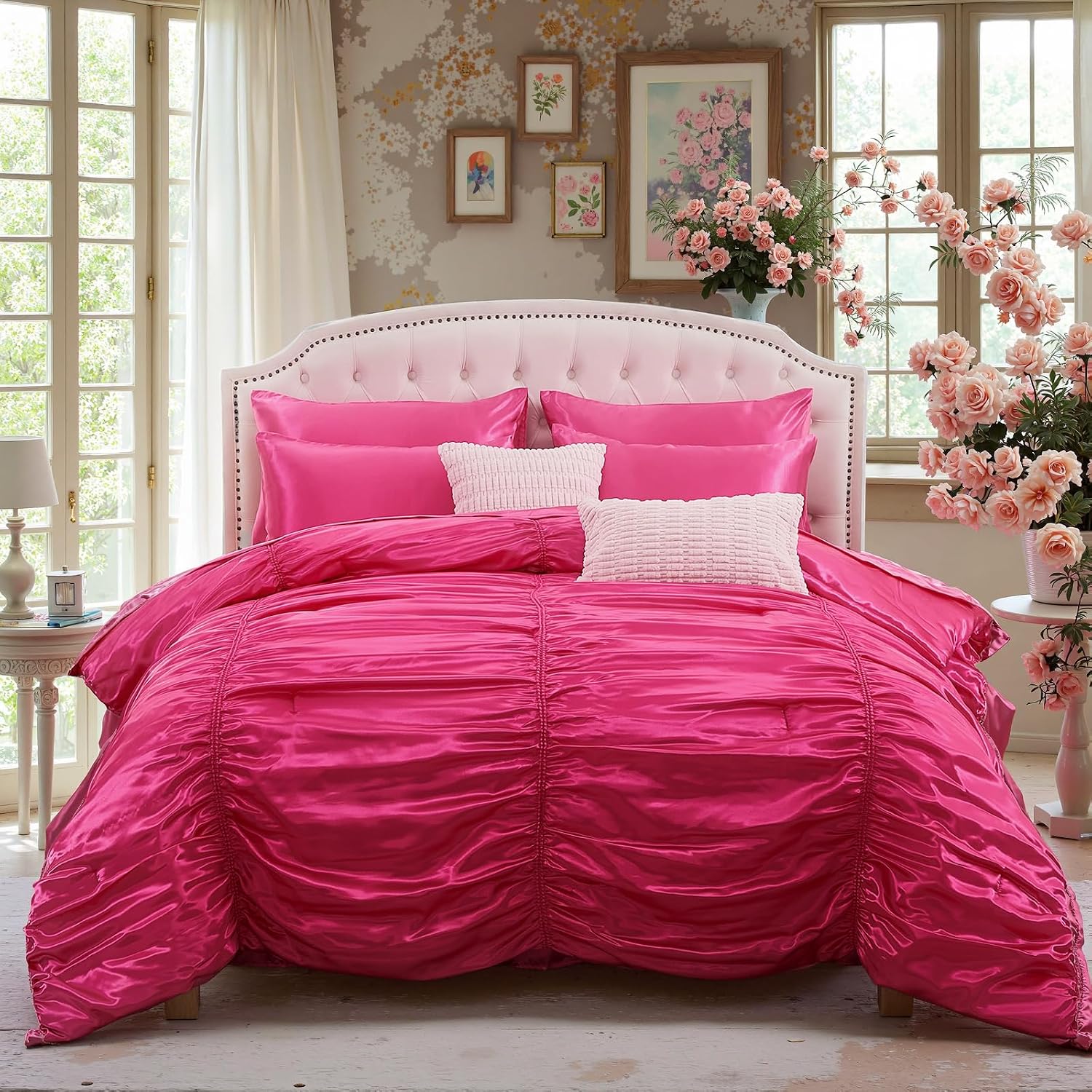 Queen Bed Frame Pink Comforter Amazon.com: Bedorm Hot Pink Comforter Set 9 Pcs Queen Size Satin ...