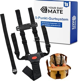 5-Punkt Gurtsystem, kompatibel mit Hochstuhl, Kinderwagen und Buggy, Schwarz, verstellbarer Gurt mit Stegschnallen und Abschnallschutz
