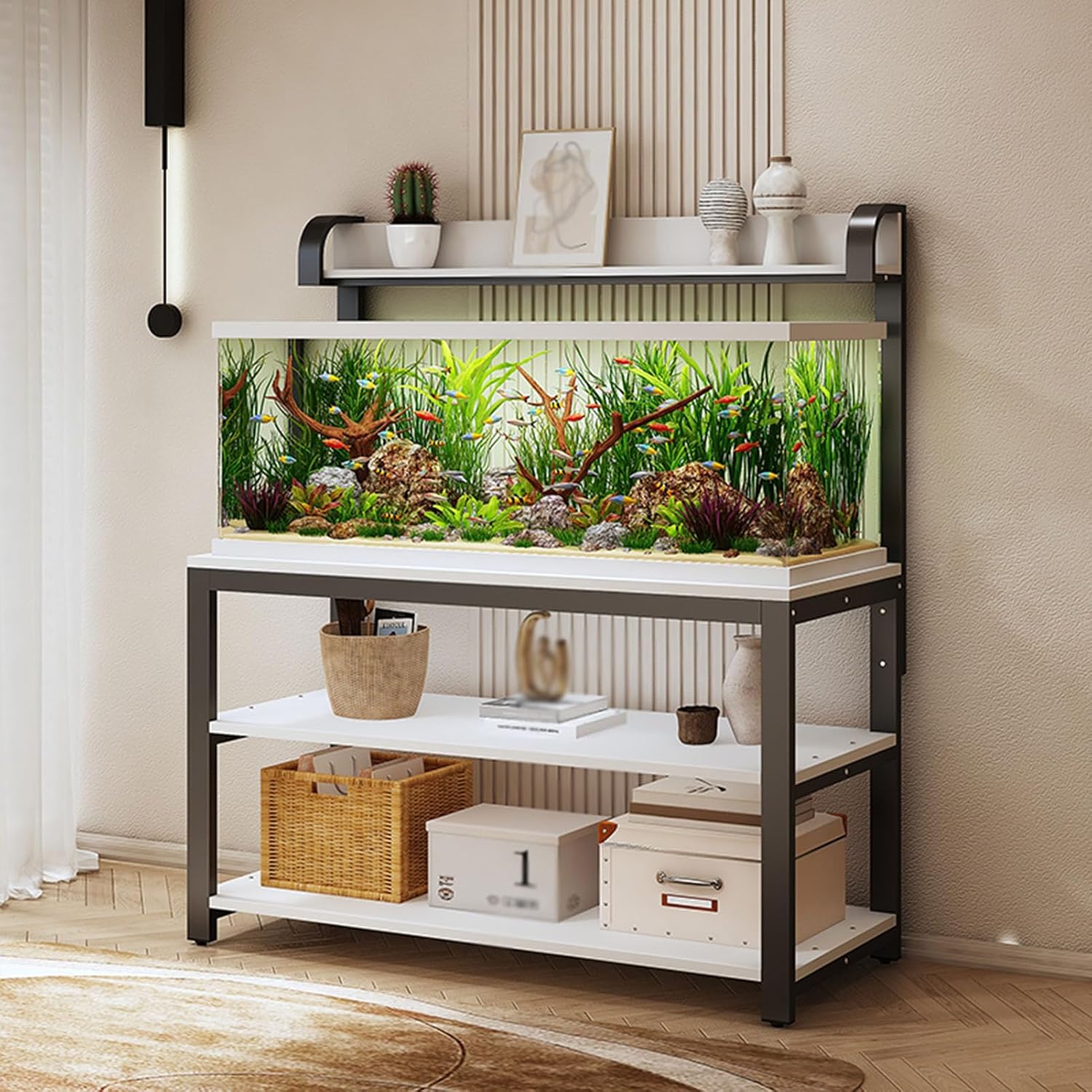 Height-Adjustable Fish Tank Stand, 3-Tier Metal Aquarium Shelf, Versatile Reptile Storage Table, Ideal Terrarium Rack for Home & Office Use