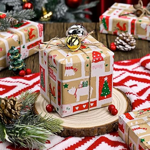 Miniatura 76 de Yarcony Papel kraft de regalo de Navidad, papel de regalo negro, árboles de Navidad de lujo, renos, copos de nieve, papel de estraza resistente