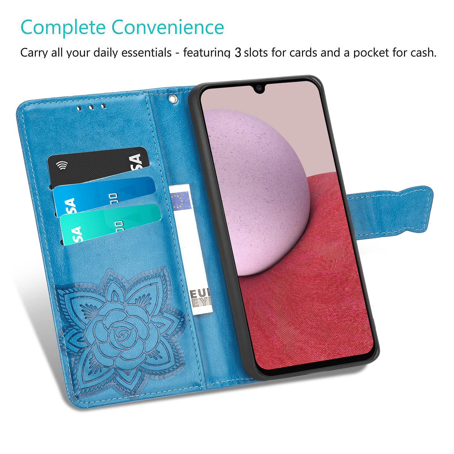 DiGPlus Galaxy A14 5G Wallet Case, [Butterfly & Flower Embossed] Leather Wallet Case Flip Protective Phone Cover with Card Slots and Kickstand for Samsung Galaxy A14 5G (Blue)
