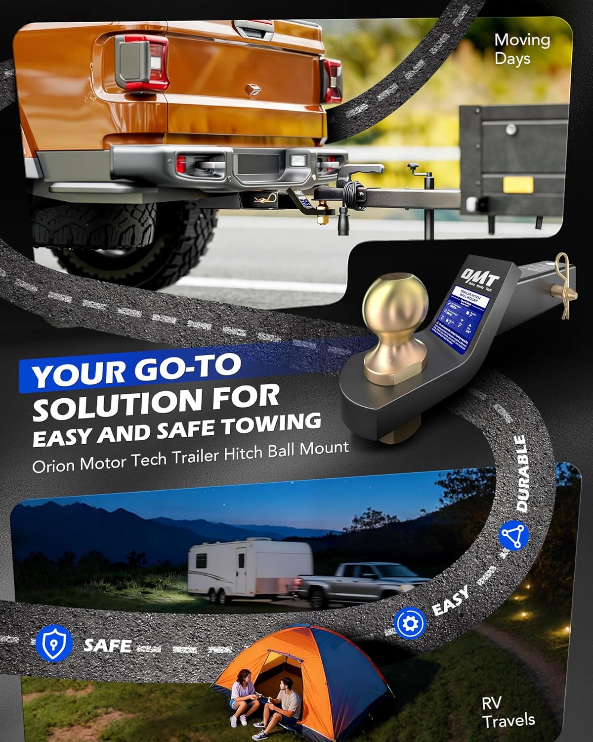 Orion Motor Tech Adjustable Trailer Hitch & Trailer Hitch Ball Mount, Bundle