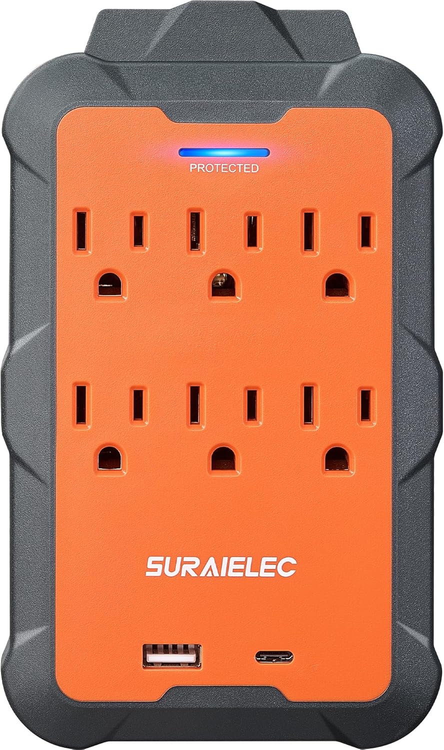 SURAIELEC Multi Plug Wall Outlet Surge Protector Extender with USB-A & USB-C, 6 AC Outlets, Overmolded Rubber Housing, 980J Surge Protection, Heavy Duty for Workshop, Garage, ETL Listed