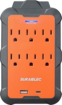 SURAIELEC Multi Plug Wall Outlet Surge Protector Extender with USB-A & USB-C, 6 AC Outlets, Overmolded Rubber Housing, 980J Surge Protection, Heavy Duty for Workshop, Garage, ETL Listed