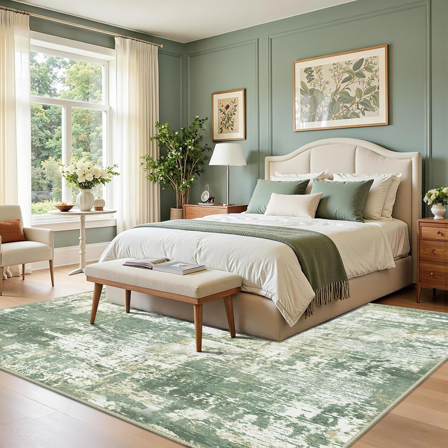 Washable Area Rugs 7'x9' Non-Slip Modern Abstract Soft for Living Room Entryway Bedroom Nursery, Print Pattern, Light Green/Yellow Green/Gray/Yellow 7' x 9' (Rectangular)