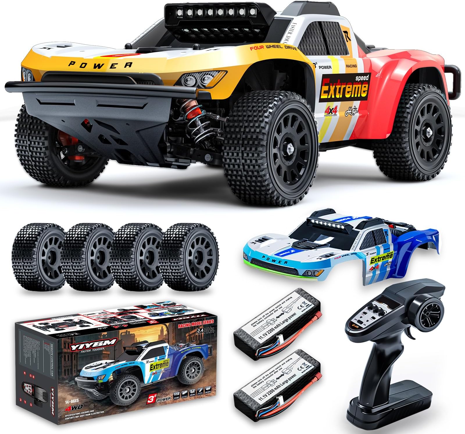 YIYBM 1/14 RC Brushless Cars for Adult Speed 50 MPH,RC Short-Course Truck All Terrain Off Road Hobby Electric Off-Road Trucks 4WD Waterproof Remote Control Car with Two 3S Battery
