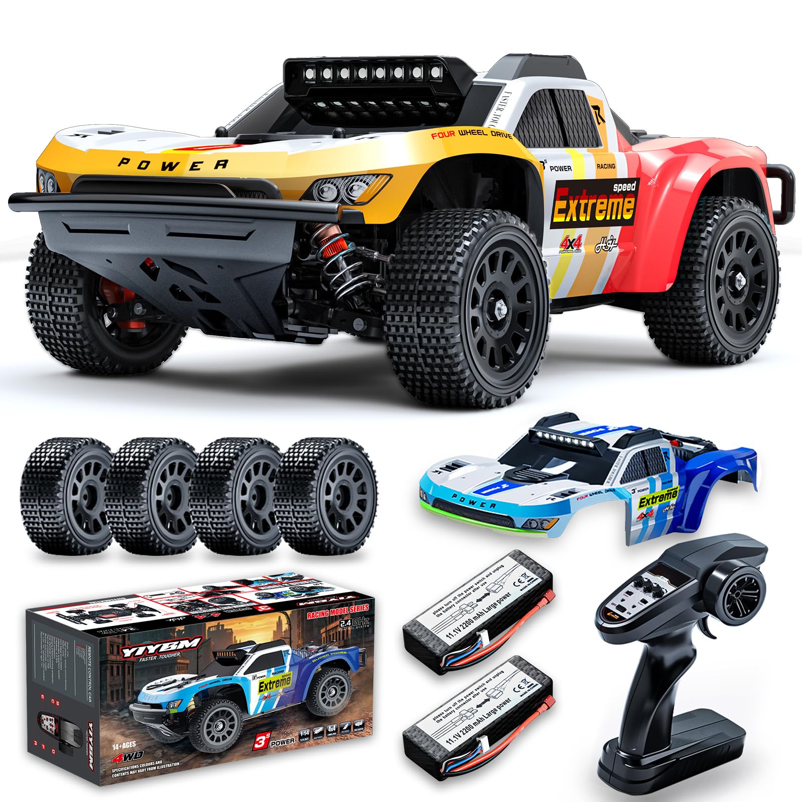 1/14 RC Brushless Cars for Adult Speed 50 MPH，RC Short-Course Truck All Terrain Off Road Hobby Electric Off-Road Trucks 4WD Waterproof Remote Control Car with Two 3S Battery