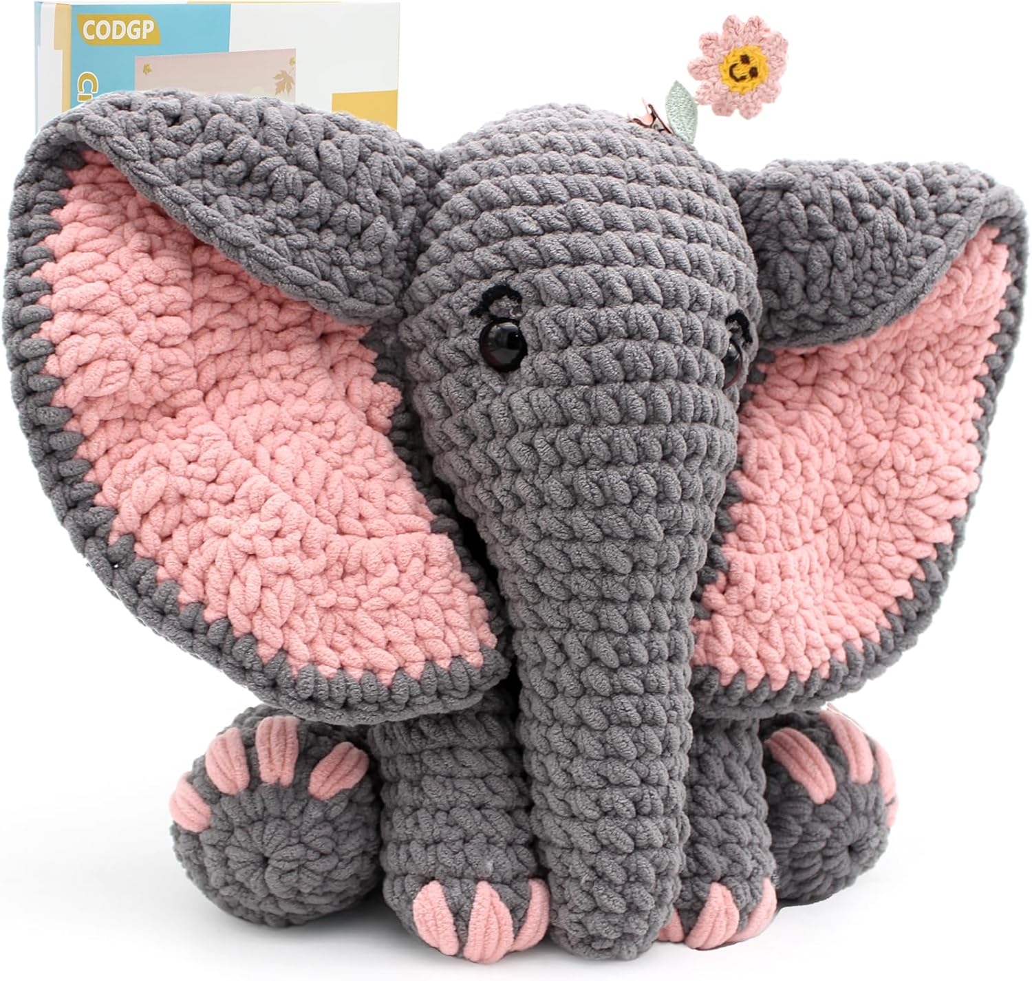CODGP Crochet Kit for Beginners: 13-Inch Amigurumi Elephant with Chenille Yarn, Hook, Video Tutorials & Pattern