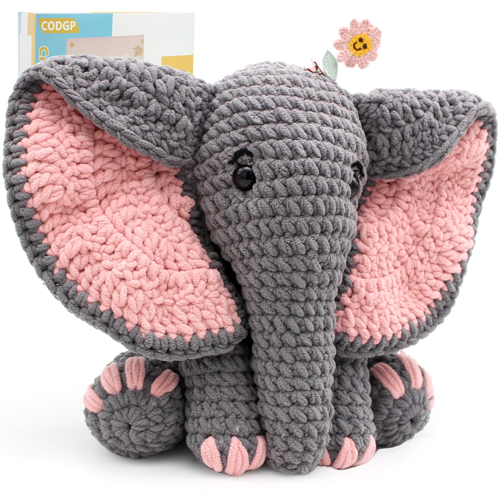 CODGP Crochet Kit for Beginners,13in Crochet Animal Kit Elephant,Crochet Starter Kit Gift for Adults Kids with Yarn Sets,Amigurumi Crochet Kit with Step-by-Step Video Tutorials