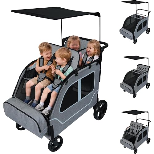 Large 4 Seater Wagon Stroller 2 3 Kids Toddler Child Light Grey | Car Shaped, Foldable, All Terrain, Removable Canopy, 5 Point Harness, Travel, Park, Amusement, Push, Pull, Shopping, Outdoor