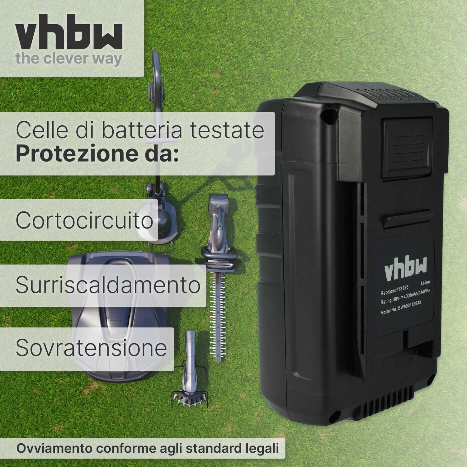 vhbw batteria sostituisce AL-KO 113124, 113126, 113280, 9113280, B150, B200 per tagliaerba, robot tagliaerba (4000mAh, 36V, Li-Ion)