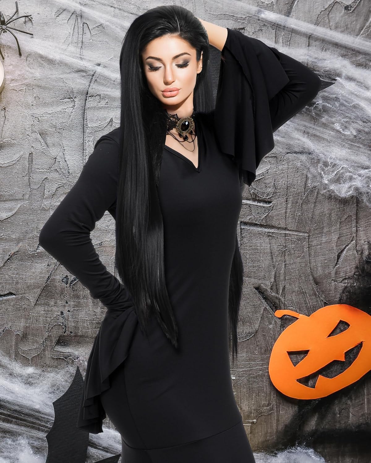 Leumoi 5 Pcs Halloween Witch Gothic Costume Vintage Floor Dress Black Wig Necklace Earrings Skull Halloween Cosplay