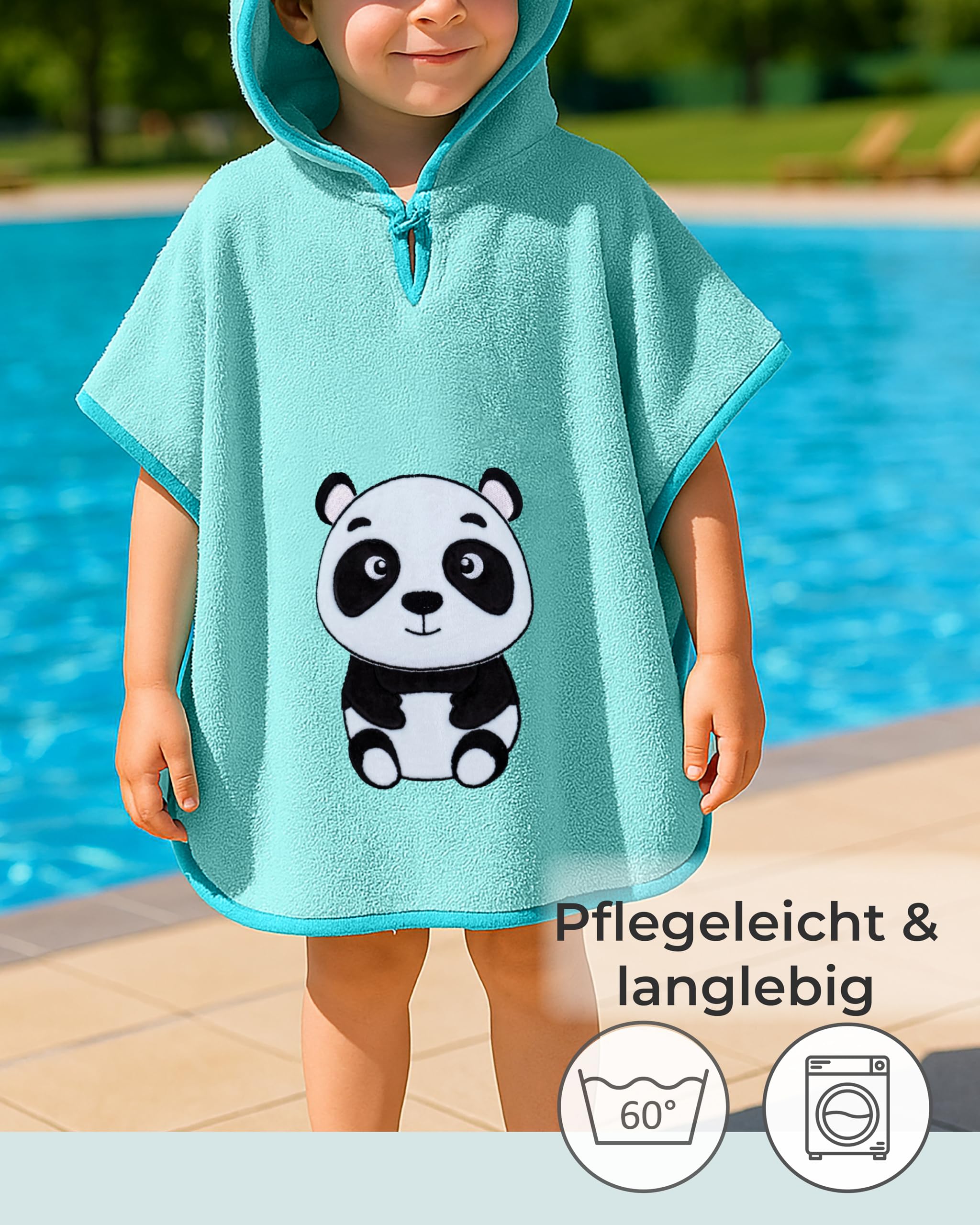 LAYNENBURG Ponczo kąpielowe premium dla dzieci z kapturem – 100% bawełna – Öko-Tex – dla chłopców i dziewczynek, ponczo frotte, Turkusowy - Panda, 3-5 lat