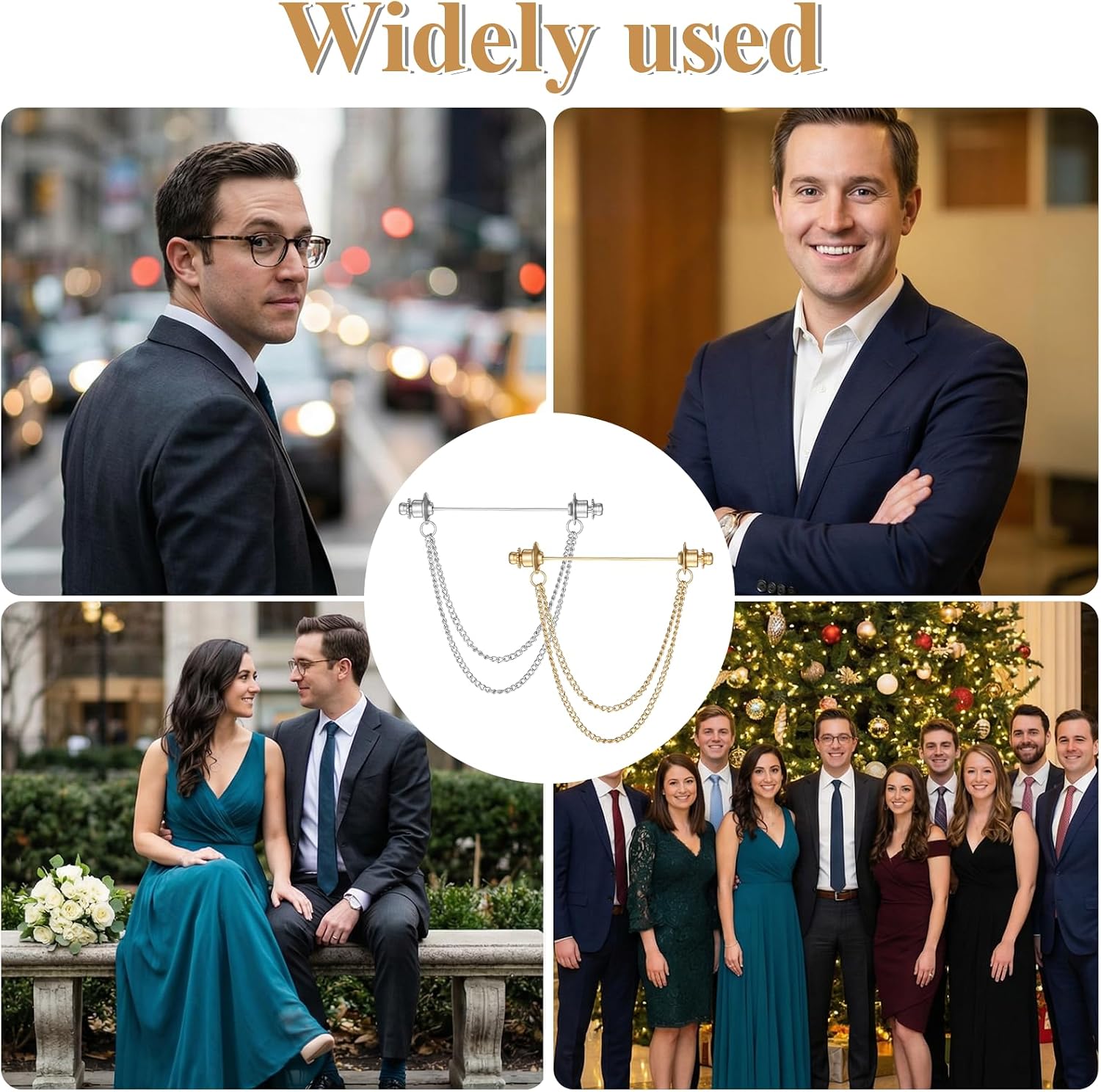 2 PCS Collar Pins for Men, Double Brooch for Men Bar Tassel Brooch Classic Ball Head Necktie Tie Clips Link Chain for Shirts Suit Wedding Business Decor, Gold & Silver