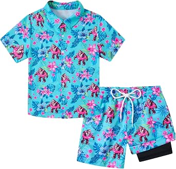 UNICOMIDEA Boys Hawaiian Outfit 2Pcs Tropical Beach Shirt Shorts Set 5-12Y