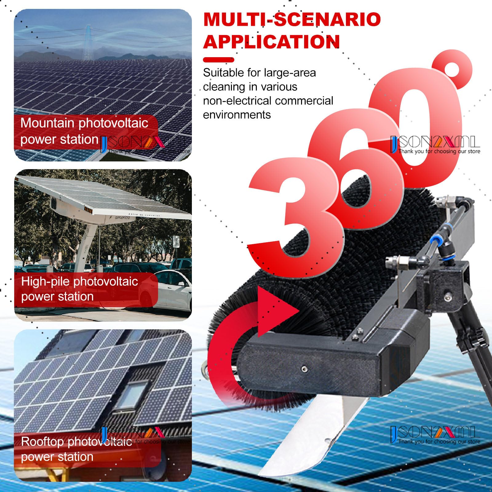 Elektryczny zestaw szczotek do czyszczenia paneli słonecznych – 60 cm obrotowa szczotka, drążek podawany wodą, kamizelka odblaskowa, zapasowa głowica szczotki, wąż 10 m, paski błotne i odchody ptaków