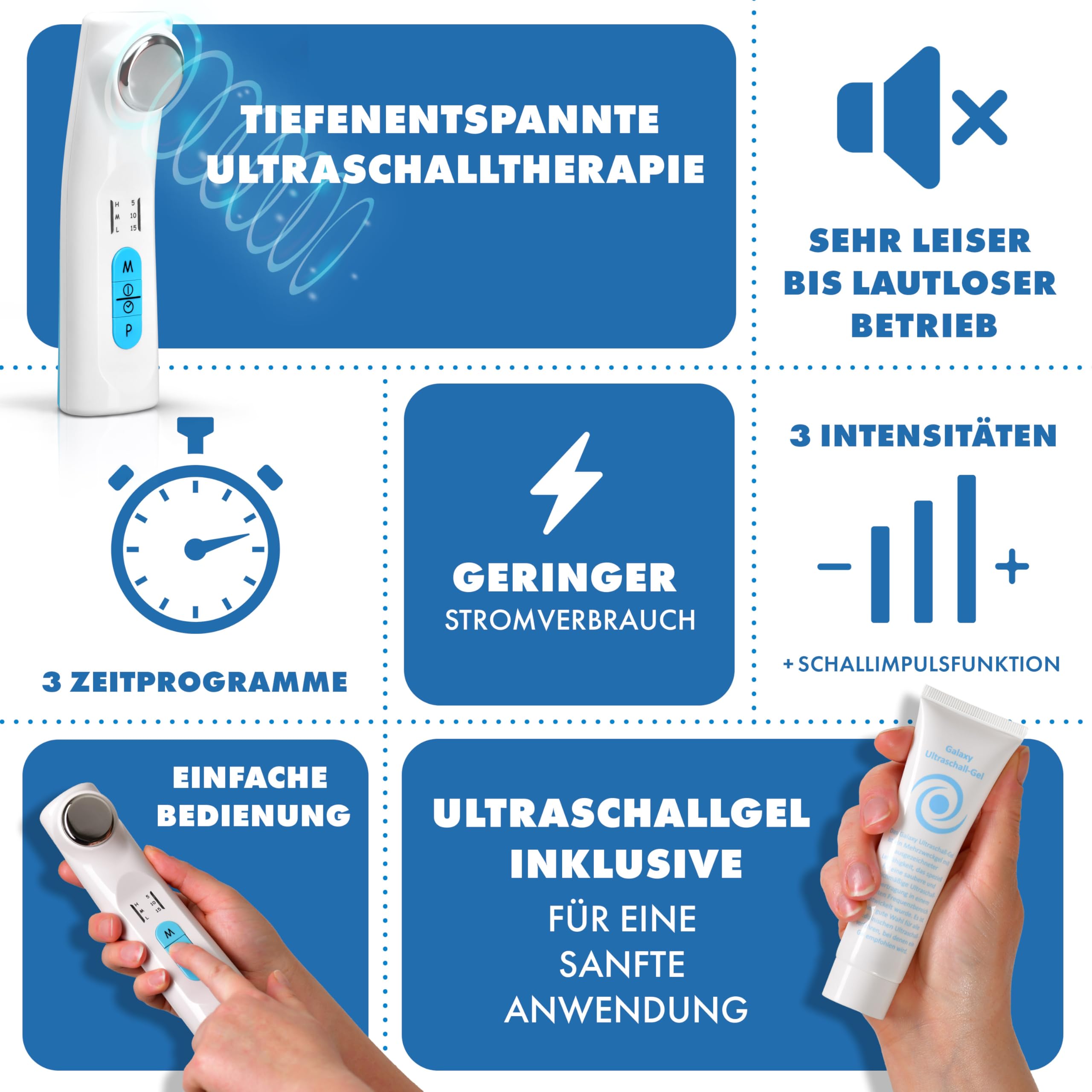 Dispositivo per la terapia del dolore ad ultrasuoni, dispositivo medico certificato, efficace per dolori muscolari, artrosi, stiramenti e tensioni, gel ultrasonico da 150 ml, 3 livelli di