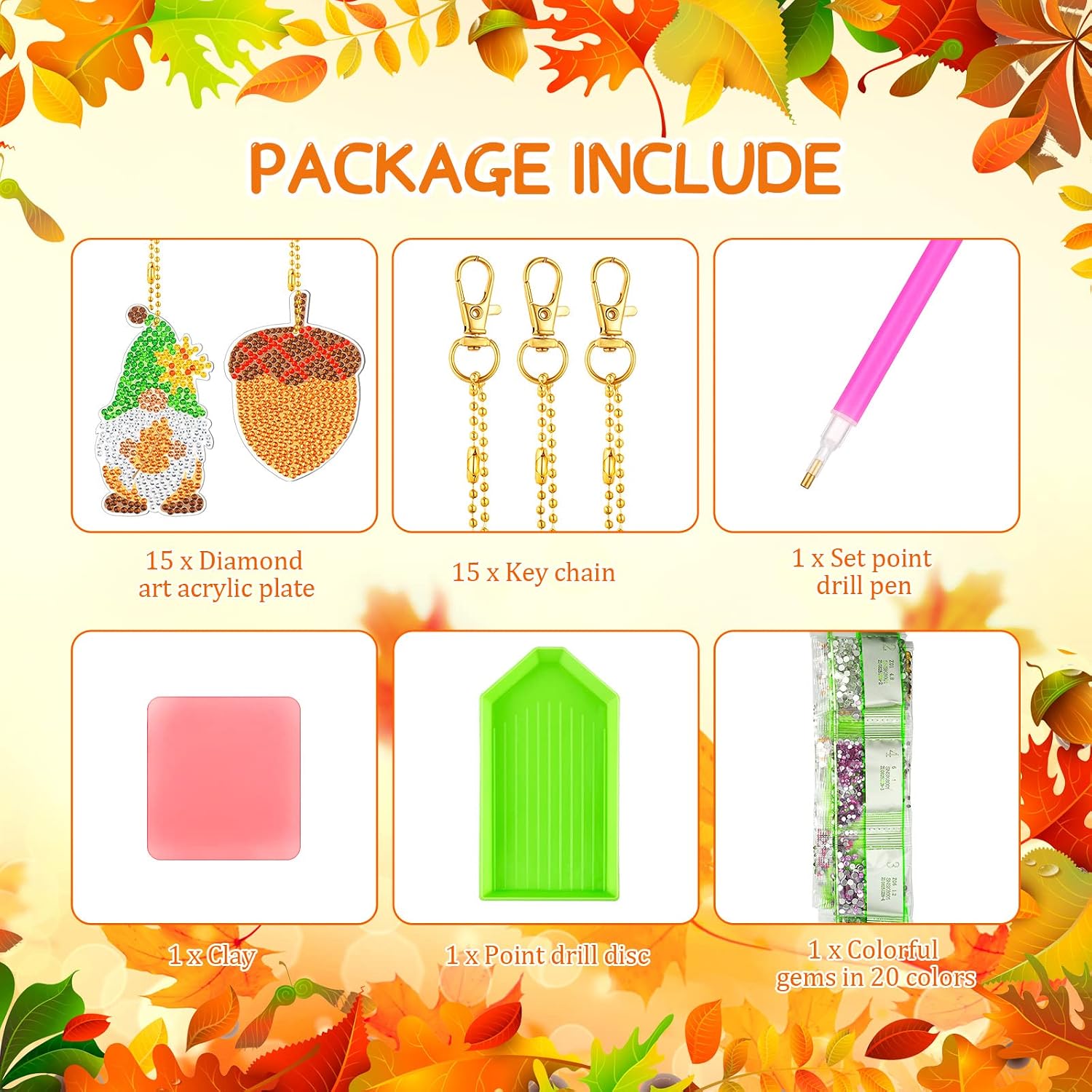 15 Pcs Fall Diamond Keychains Autumn 5D Diamond Painting Key Chains Fall Diamond Art Keychains Pendant Orange Diamond Painting Key Rings DIY Diamond Ornament Decoration (Autumn Style)