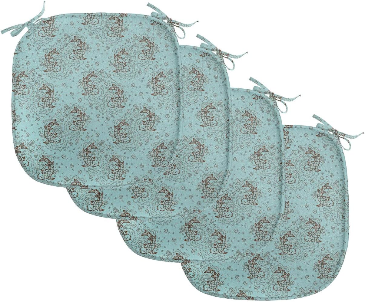 Lunarable Fish Chair Seating Cushion Set of 4, Hand Drawn Sea Animals Swimming Fishes Scales Little Cherry Blooms Art Print, Anti-Slip Seat Padding for Kitchen & Patio, 16"x16", Pale Blue Brown
