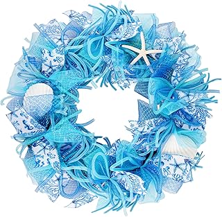 24 Inch Coastal Seashell Large Wreath with Natural Starfish & Scallops Shell, Blue Beach Style Front Door Wreath with for Spring Summer, Farmhouse Rustic Indoor Outdoor Home Wall Wedding Decor