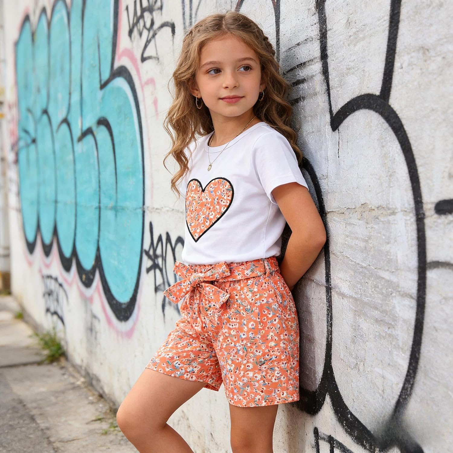 Girls 2 Piece Summer Outfits Toddler Casual Clothes with Heart Floral Print T-Shirt + Bow Floral Shorts - Image 6