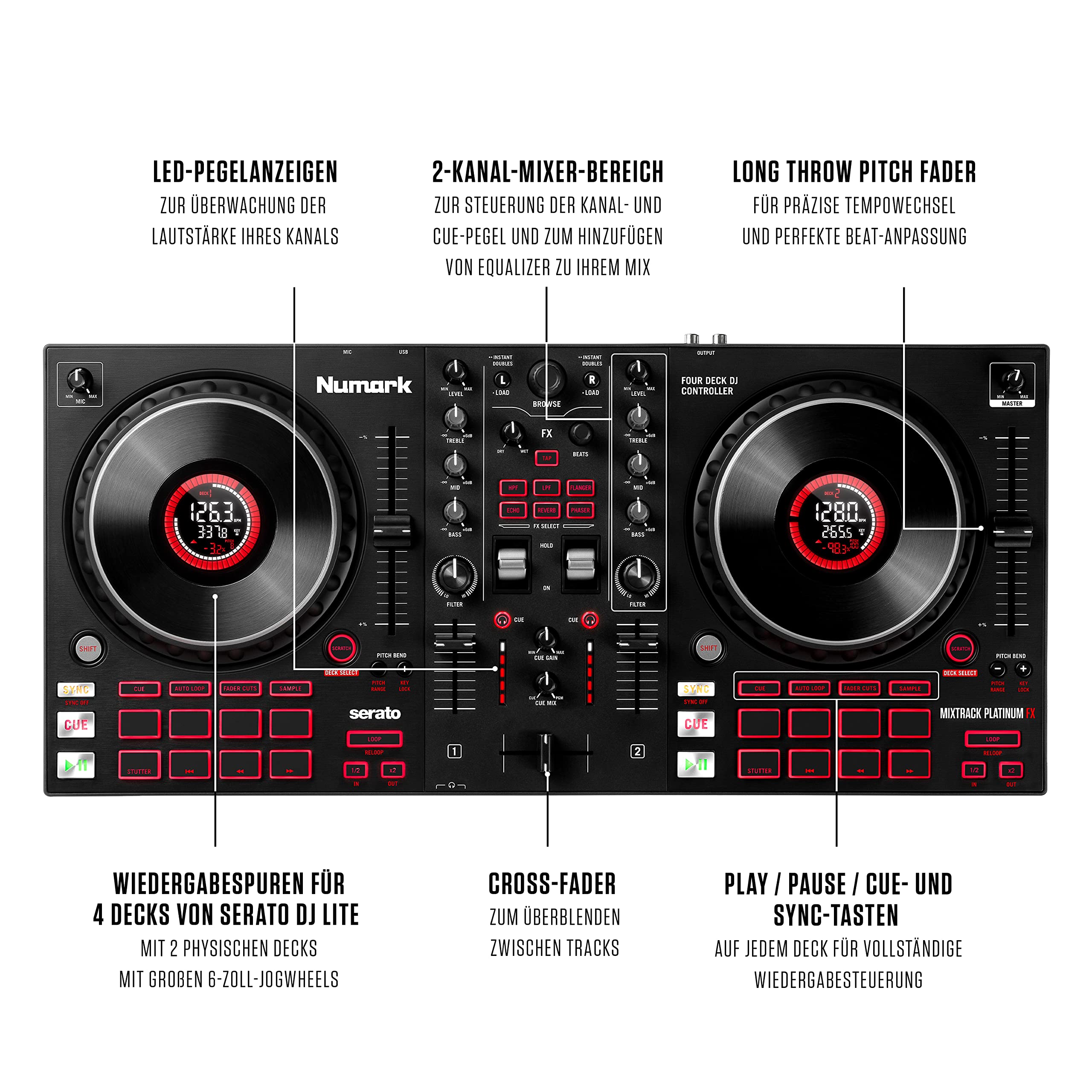 Numark DJ Pro Paket - Platinum FX DJ Controller Pult mit 4-Deck Kontrolle, integriertem Audio Interface, Jogwheel-Displays und Effektpaddeln und HF175 Kopfhörer im geschlossenem Design, 40mm Treiber