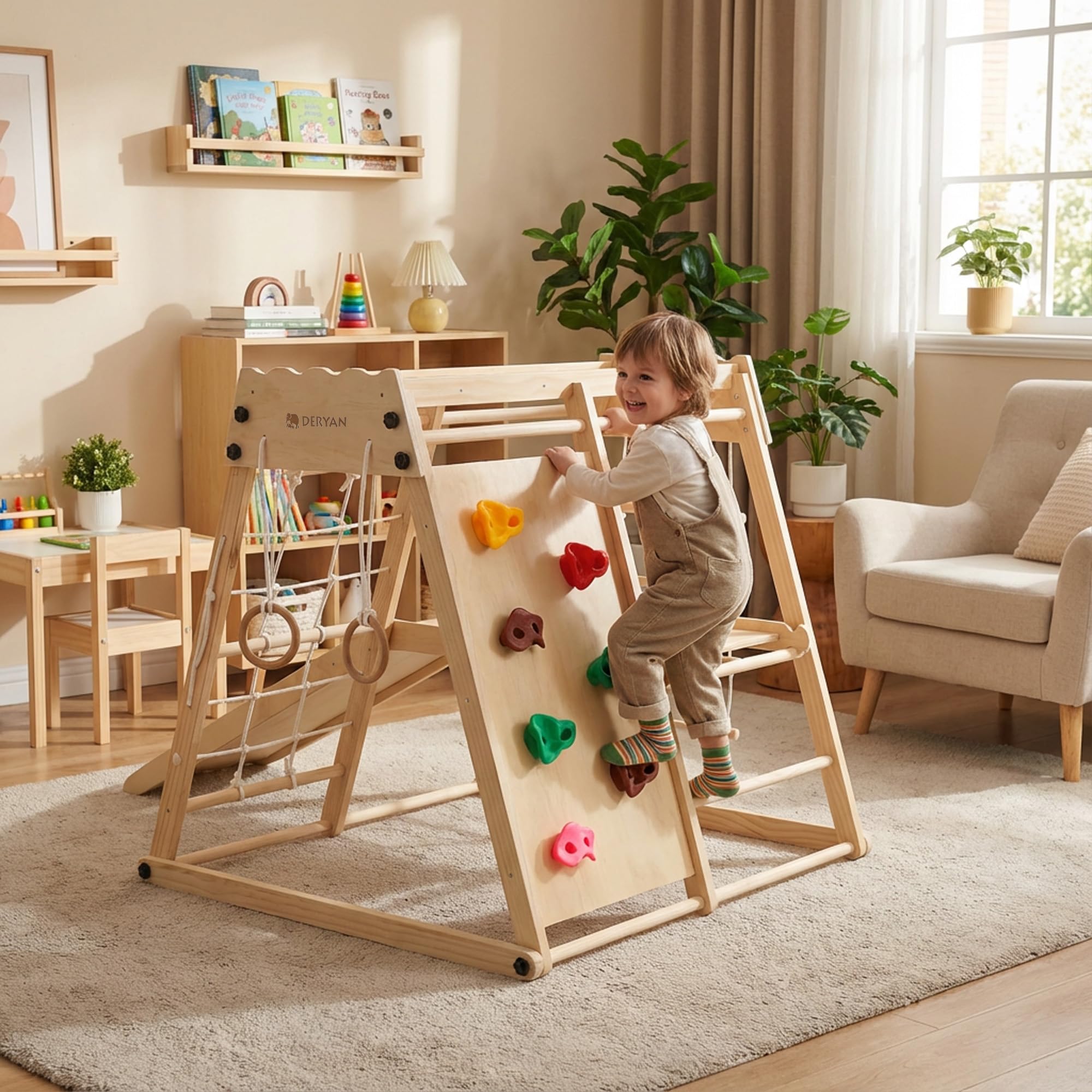 Deryan Klettergerüst für Kinder - Indoor Spielplatz mit Rutsche, Kletterwand, Kletternetz & Turnringe - Holz Kletterturm klappbar - Natur