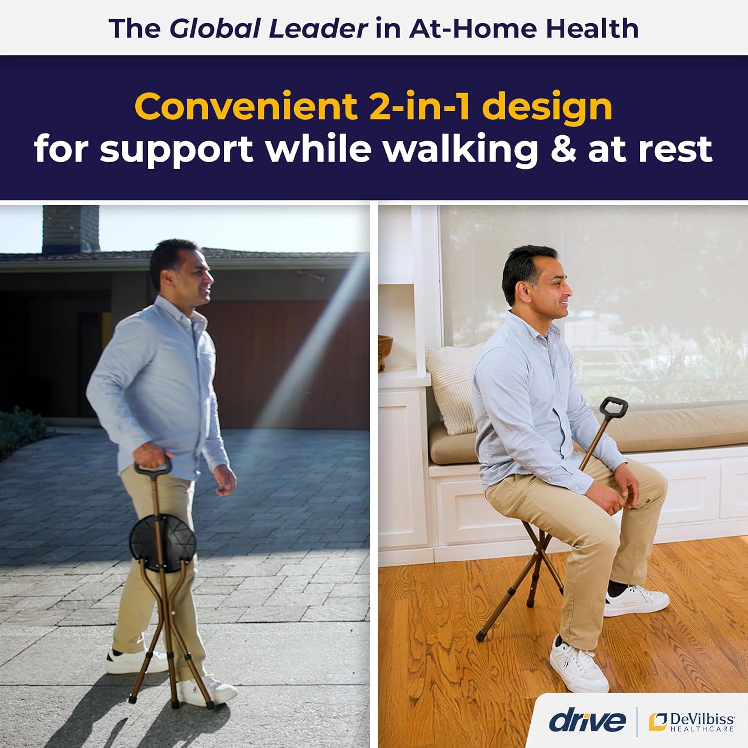 Drive Medical RTL10365-ADJ Adjustable Lightweight Folding Cane with Seat, Black New Model