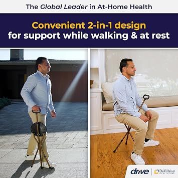 Drive Medical Adjustable Lightweight Folding Cane with Seat, Black | Lightweight Folding Cane Featuring an Adjustable Seat in Black for Convenient Rest on the Go Daily for Everyday Use