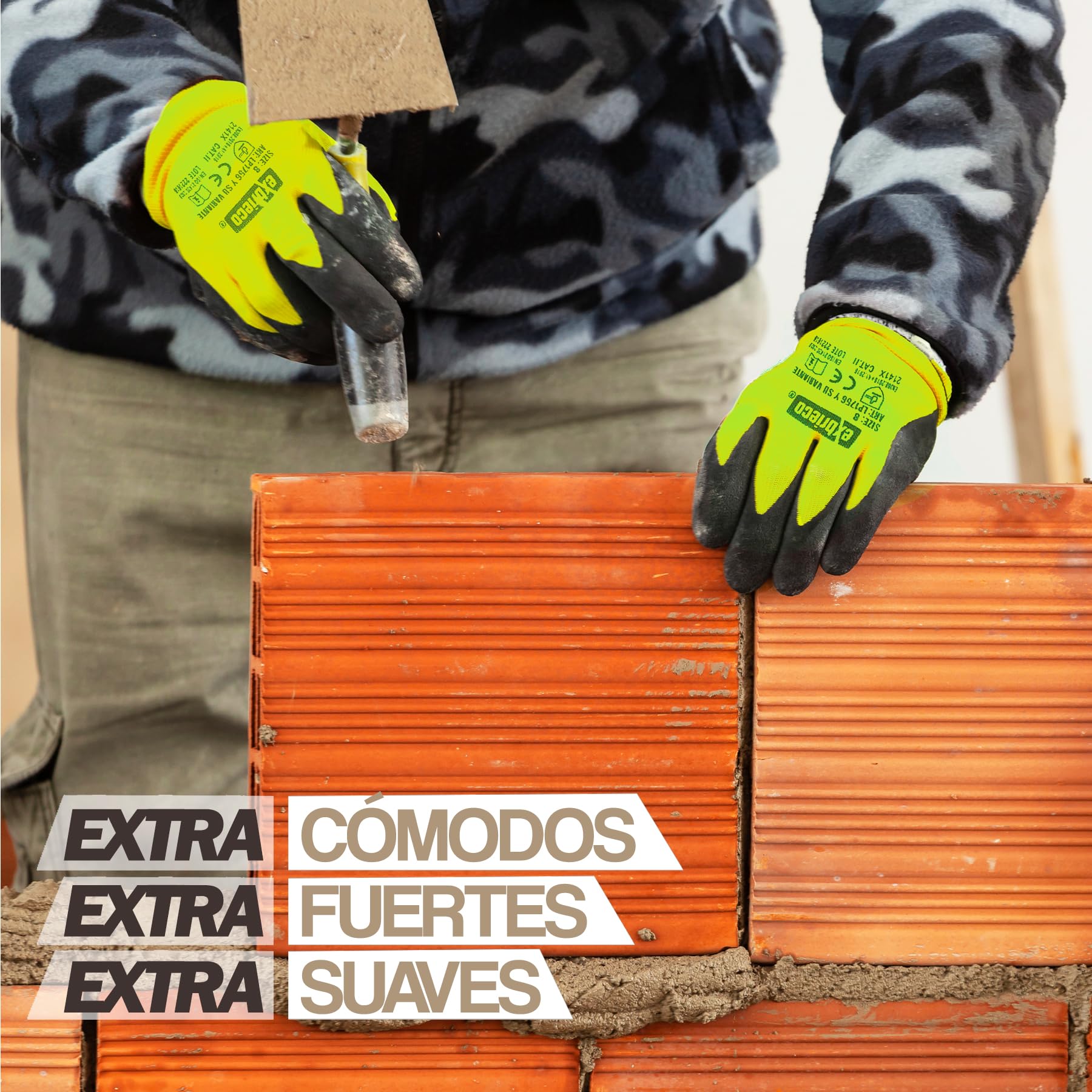 Guantes con CAT 2 de Protección Ideales para Fontanería, Mecánica, Almacén, Manejo de Cajas, Guantes de trabajo Antideslizantes en Poliéster y Látex, Duraderos, Cómodos y Ligeros.