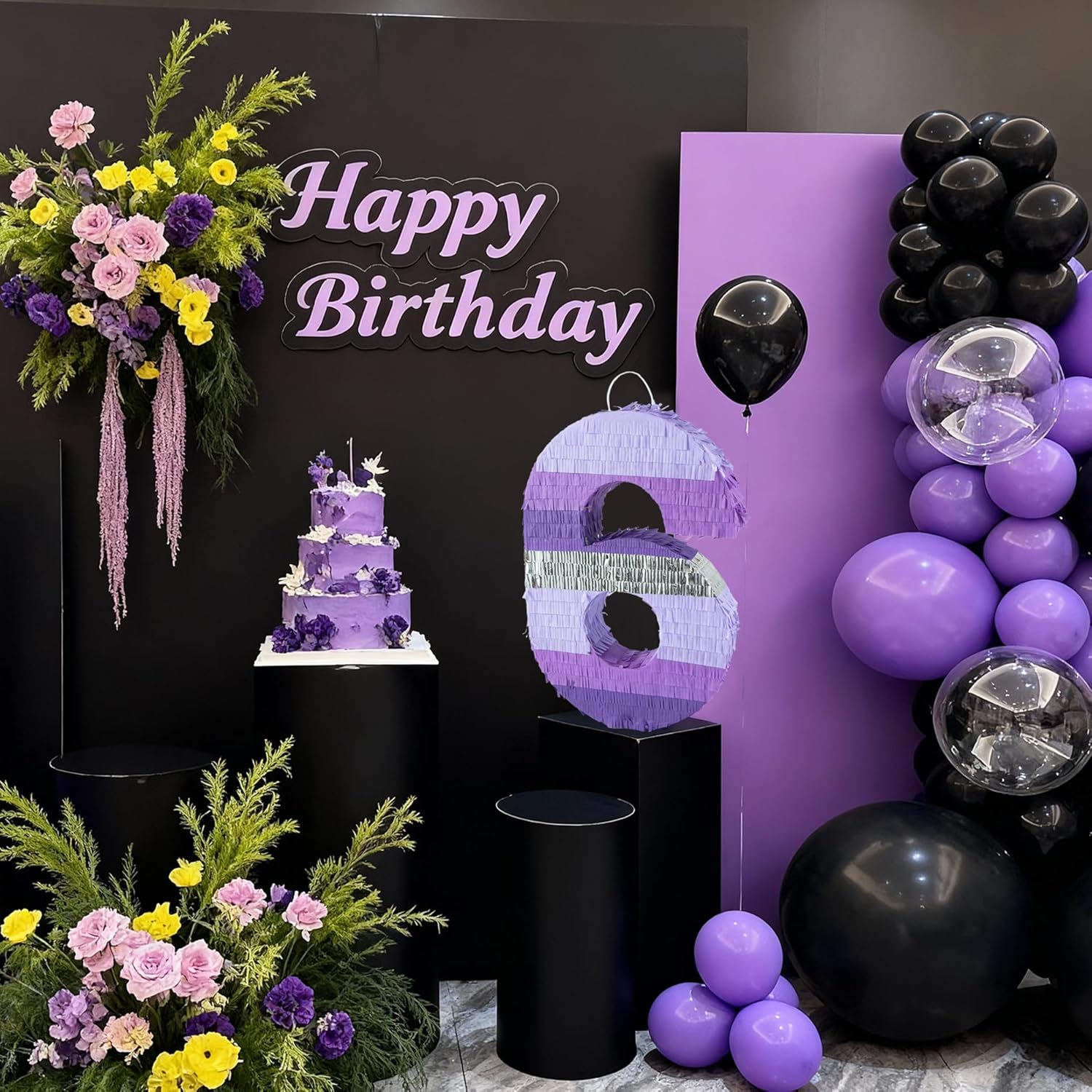 PCFING 20 Inch Number 6 Piñata Purple Silver with 30 Inch Piñata Stick Blindfold Confetti for Boy Girl Kids Birthday Party Decorations, Anniversary Celebration, Fiesta