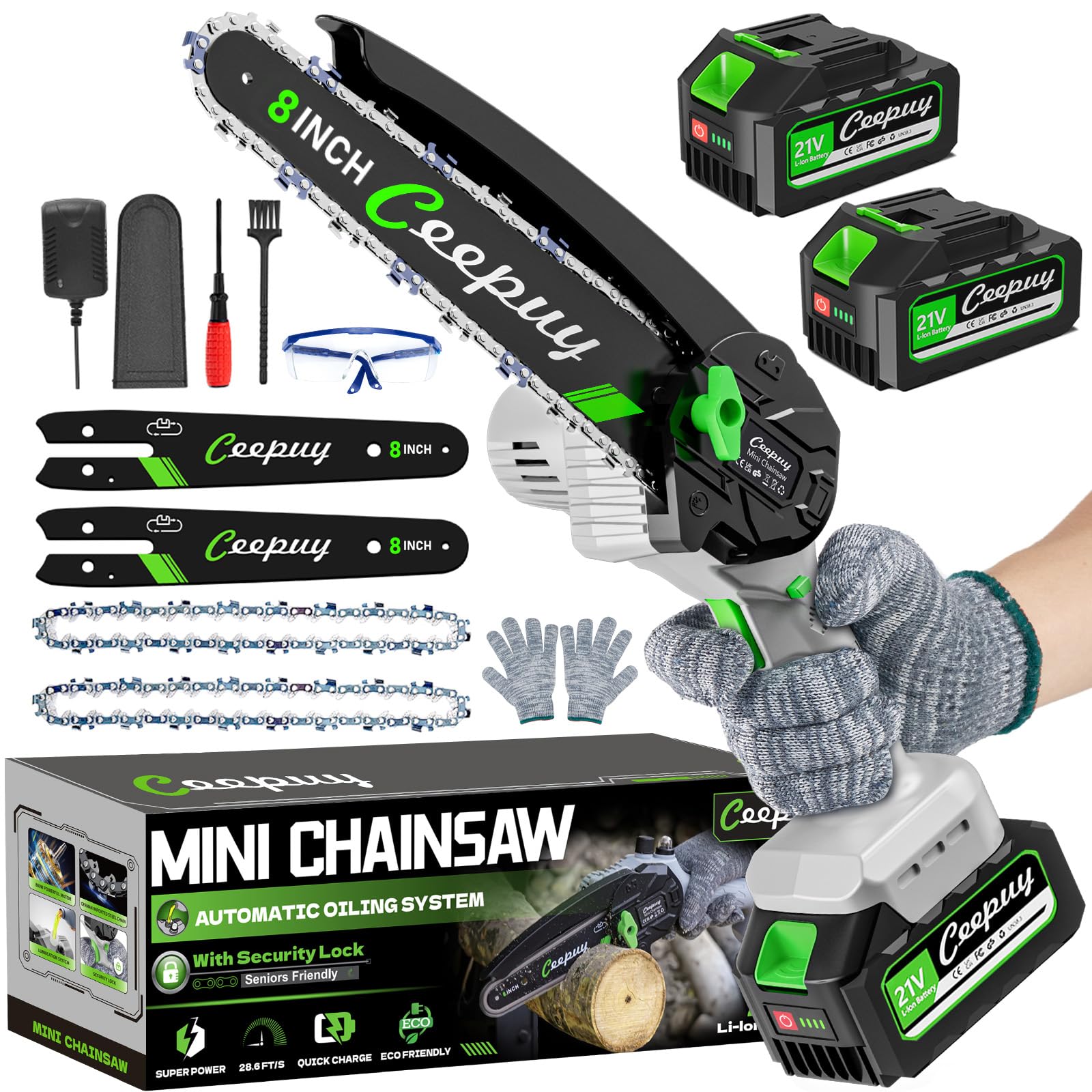 Mini Chainsaw Cordless 8 Inch with 2x 4000mAh Batteries