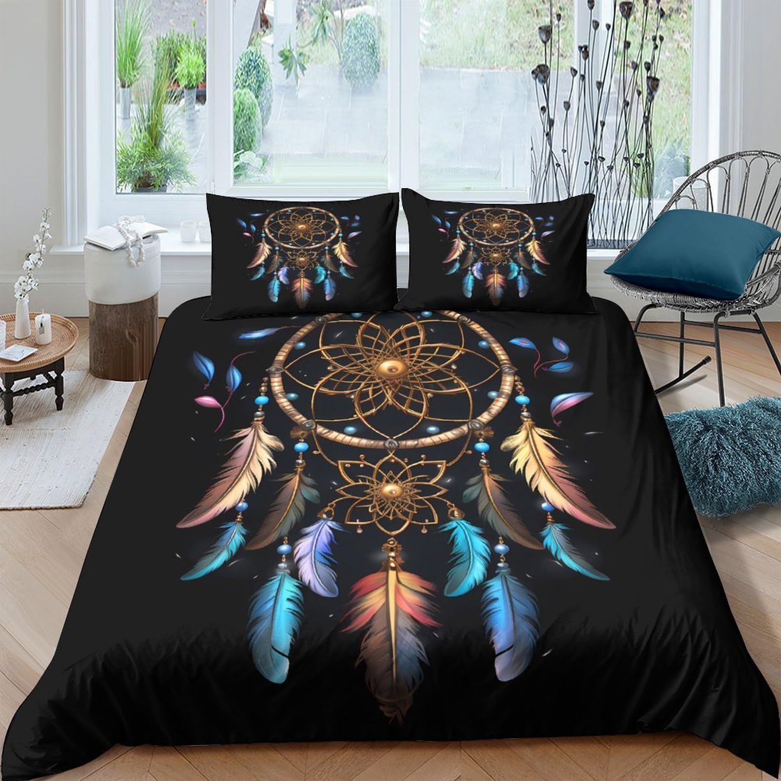 GPLZQXKJNH 3D Printed Dreamcatcher Duvet Cover Microfiber Soft Black Feather Quilt Cover with 2 Pillowcases for Bedroom Home Decor Single（135x200cm）