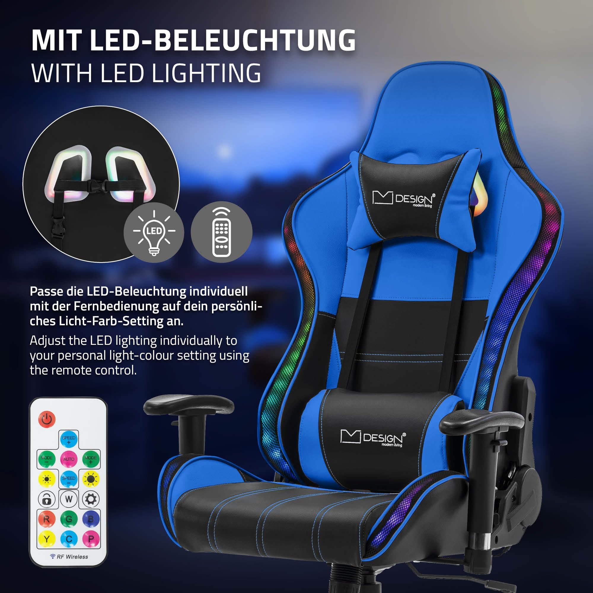 ML-Design Sedia da Gaming Illuminazione LED RGB e Altoparlanti Bluetooth e Cuscino Lombare Ecopelle Blu Poltrona Ufficio Ergonomica Confortevole Braccioli Poggiatesta Altezza Regolabile Reclinabile