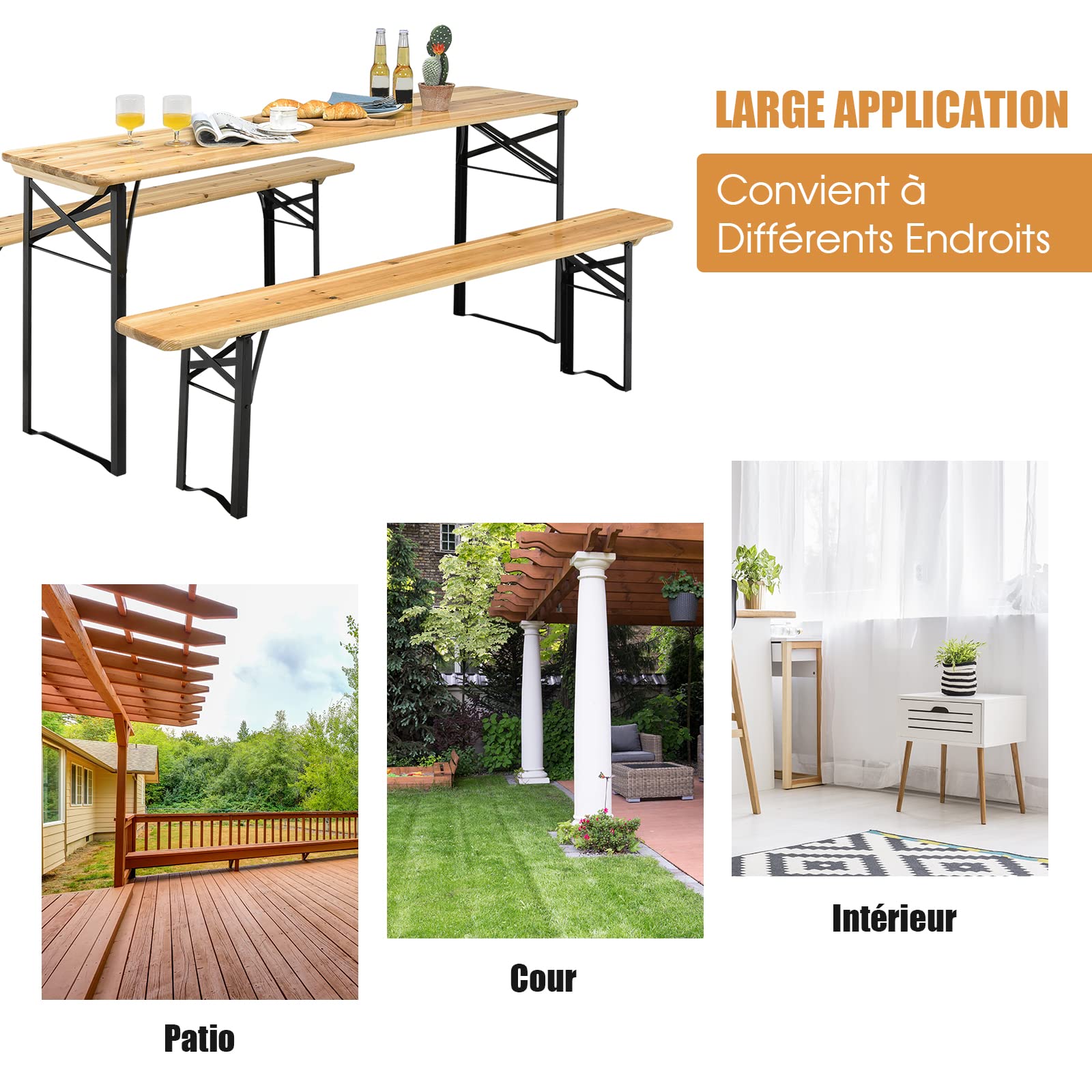 COSTWAY Ensemble Table Pliante et Bancs de Pique-Nique 180CM en Bois