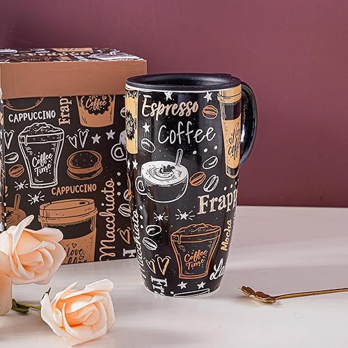 Miniatura 7 de Voltogar Taza de café de viaje de cerámica con tapa, regalo para el hogar y la oficina, taza de té alta de porcelana de 17 onzas con asa, patrón de