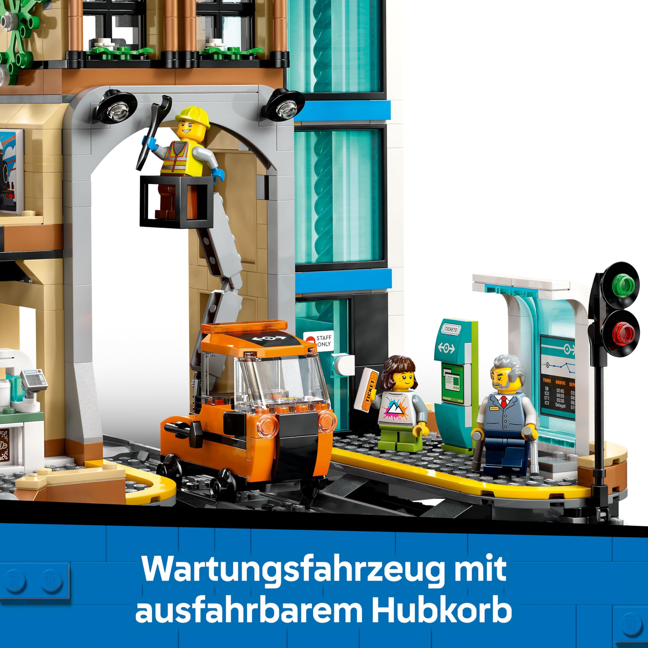 LEGO City Trains Hauptbahnhof - Wartungsfahrzeug-Spielzeug, funktionierendem Hublift, 2 Plattformen & 1 Gleisstück sowie 6 Minifiguren – Kreatives Geschenk für Jungen & Mädchen ab 7 Jahren - 60469 | Bahnhofsspielzeug, Wartungsfahrzeug, Arbeitshub & 6 Mini