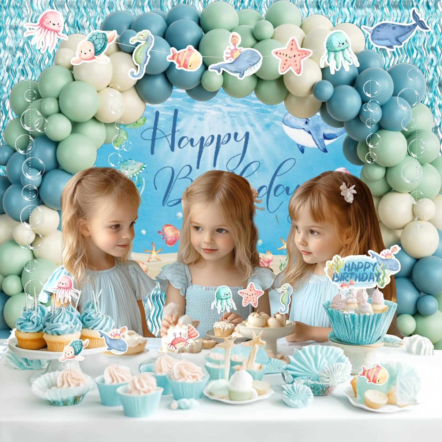 Under The Sea Party Decorations, Ocean Birthday Decorations, Sea Animals Themed Birthday Party Supplies Backdrop Blue Fringe Curtain Balloon Garland Banner Tablecloth Cake Cupcake Topper