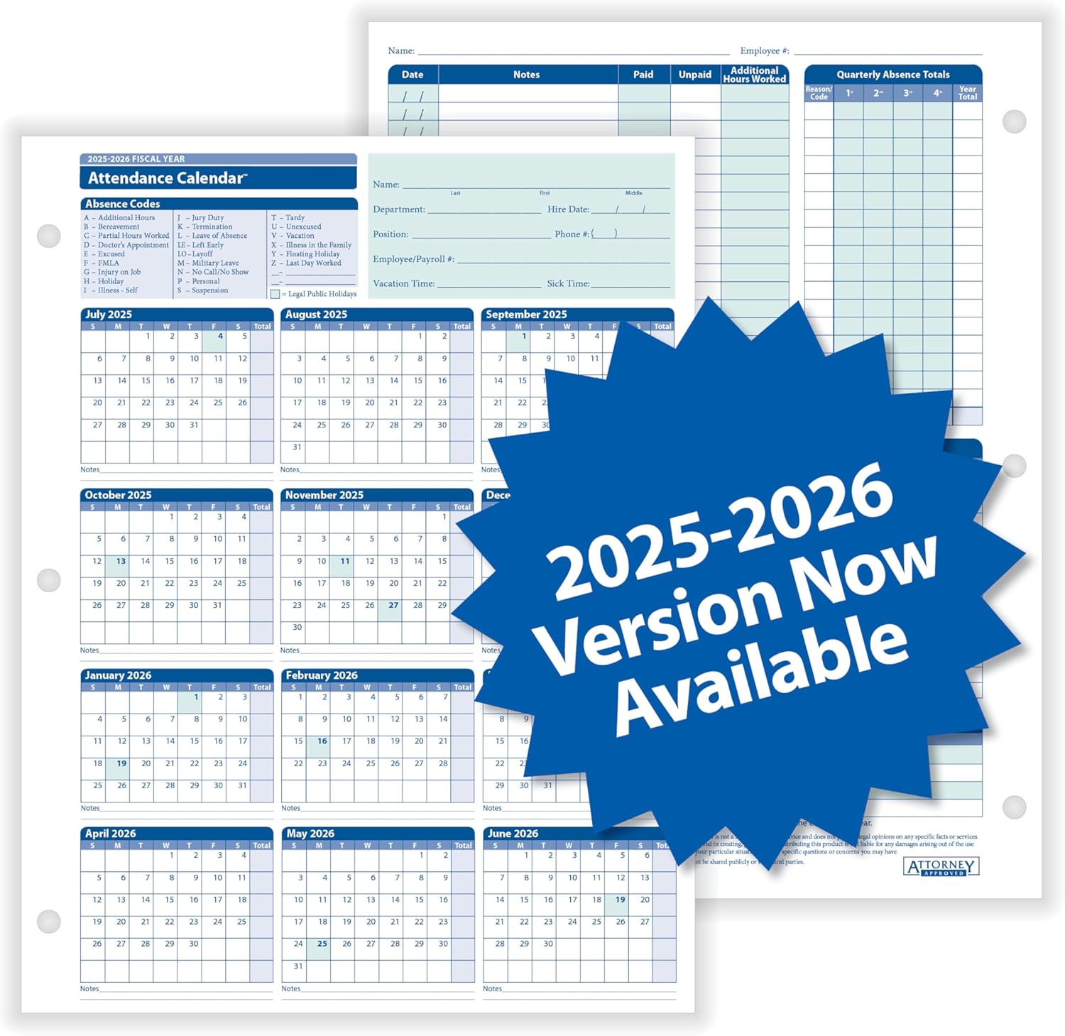 ComplyRight 2025-2026 Fiscal Attendance Calendar, Pack Of 50