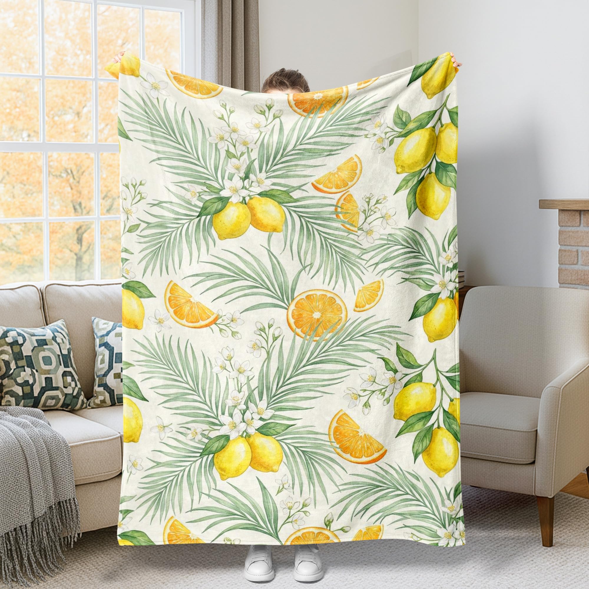 Jeté de lit en molleton confortable grand plaid orange motif feuilles de palmier