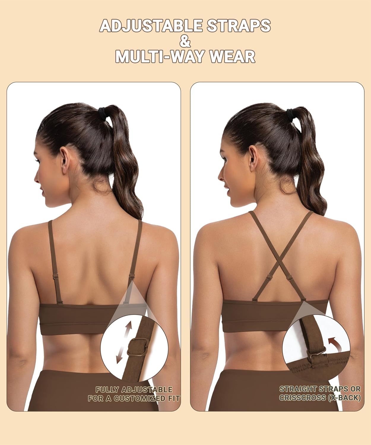 3-Pack Padded V-Neck Sports Bras for Women - Adjustable Spaghetti Thin Straps Workout Yoga Top