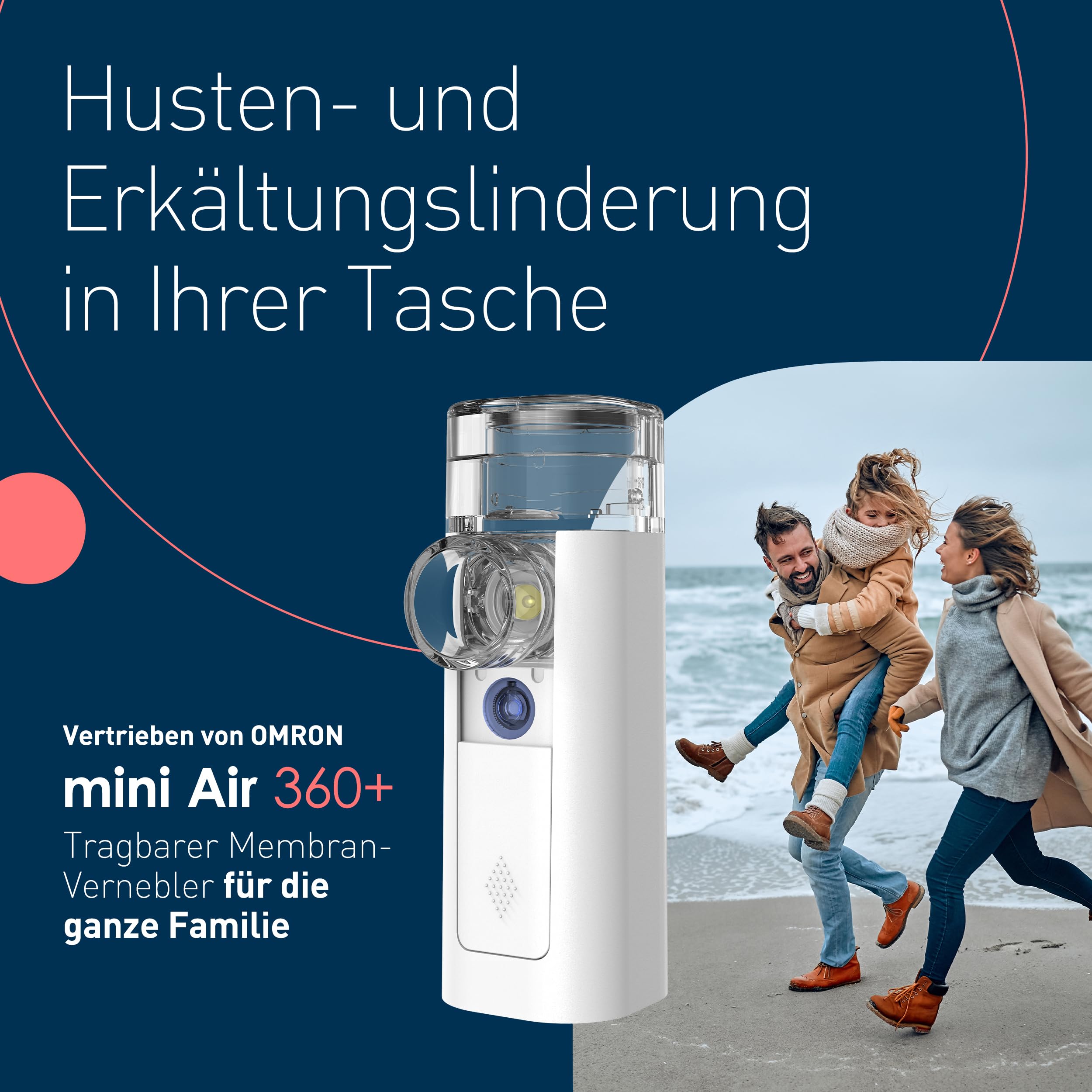 mini Air 360+ vertrieben von OMRON | Tragbares, geräuschloses Inhalationsgerät für Erwachsene & Kinder | Inhalator inkl. zwei Masken+Mundstück | Linderung von Husten & Erkältung | Laden mit Micro-USB