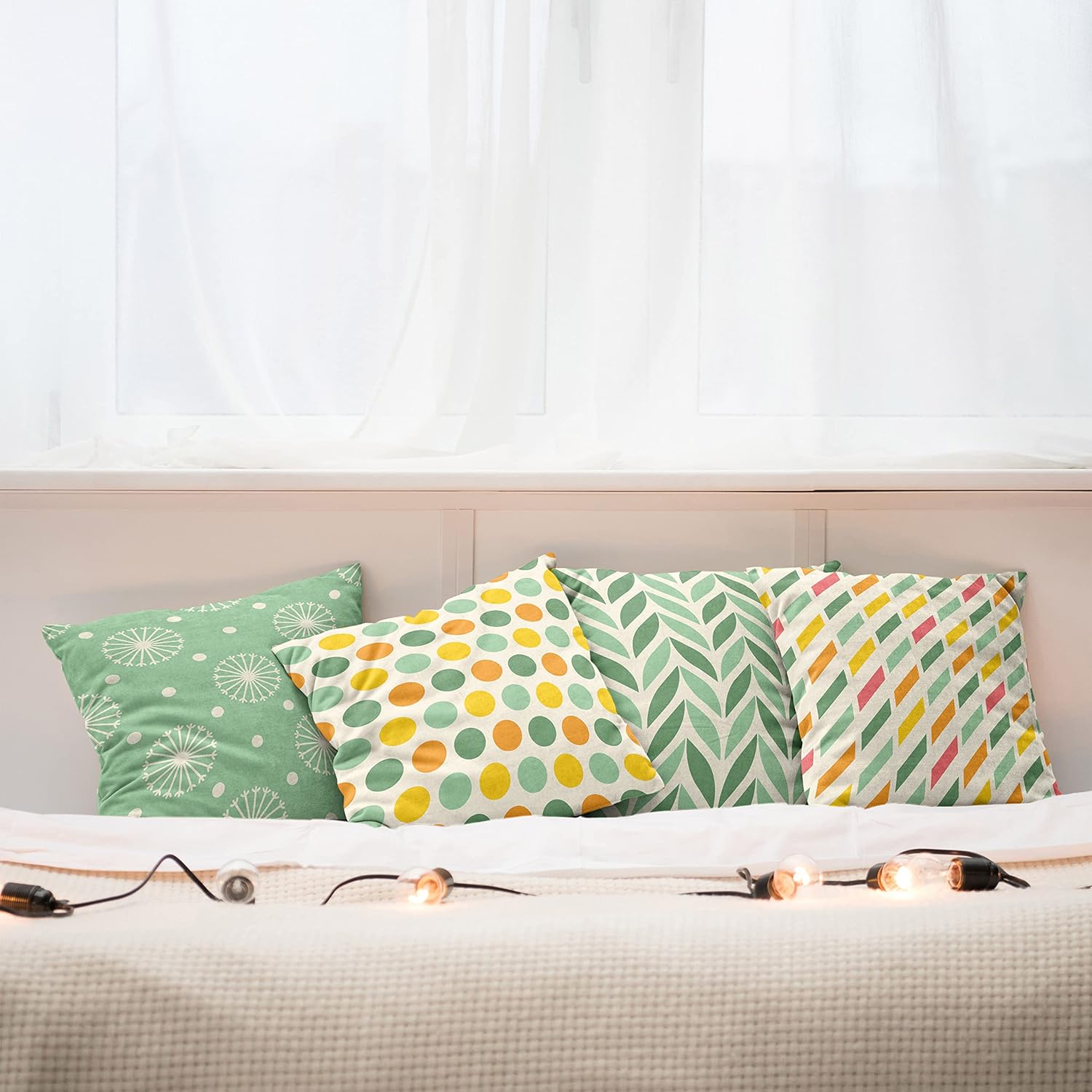 Ambesonne Vintage Throw Pillow Cushion Case Pack of 4, Retro Vibes of Geometric Shapes Dots Leaves and Dandelion Like Motif, Modern Accent Double-Sided Digital Printing, 16", Mint Green Marigold Ivory