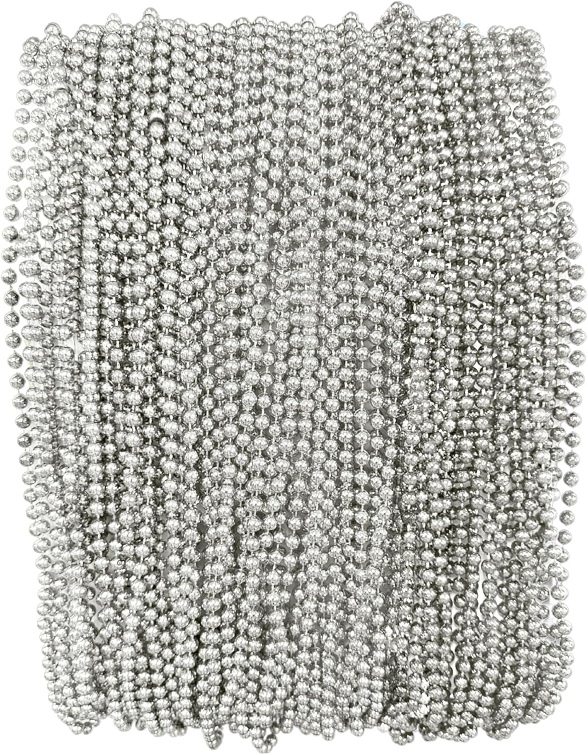 Silver Mardi Gras Beads - 33 inch, 7mm, 72 Necklaces and Mask with Feathers Set of 6